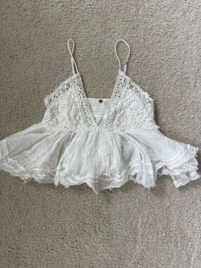 Free People White Crochet Babydoll Tank with Spaghetti Straps